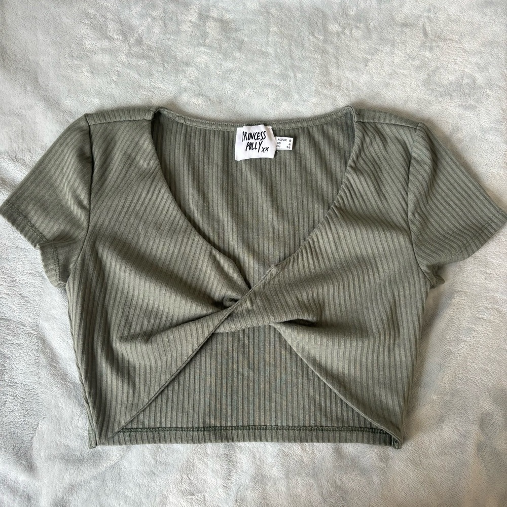 Princess Polly Olive Ribbed Twist Crop Top